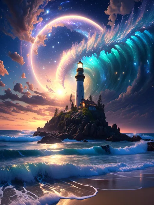 Prompt: 4d, 8K, (((UHD))) <mymodel> star clusters in the sky, moon burst, cirrus clouds, ocean with monstrous waves, beach, lighthouse (((UHD)))