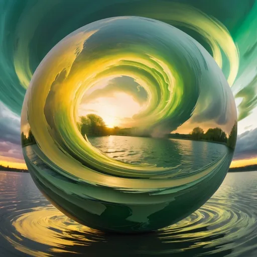 Prompt: double exposure: illustration in a sphere, tornado, swirling voltage, lake, lightgreen, green, senfgelb, touch of gray.  evening sky, impasto, melting colors, psychodelic,  wide-angle, soft light, golden hour.superimpose A mystical tome with pages that seem to come alive, swirling enchantment rises in multi colors above, sparks and swirling colors, The cover glows with a soft, ethereal light, beckoning you to open its secrets and unleash its magic upon the world.