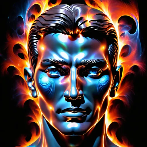 Prompt: (((Full figure))) a (hologram) of a man's face on a black background,Shutterstock, metaphysical painting, fractal fire, spiritual evolution, hologram, metaphysical painting (center)