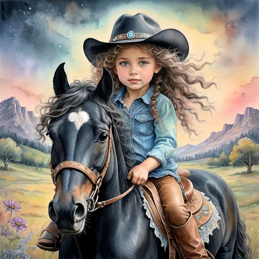 Prompt: Pastel, watercolor, whimsical, sweet little adorable girl,  riding her jet black horse, she has large round watery eyes, has long curly messy hair, she is wearing a cowgirl outfit and has a cowboy hat on, back ground meadow, hints of nature and elements of fantasy, style of Josephine Wall.