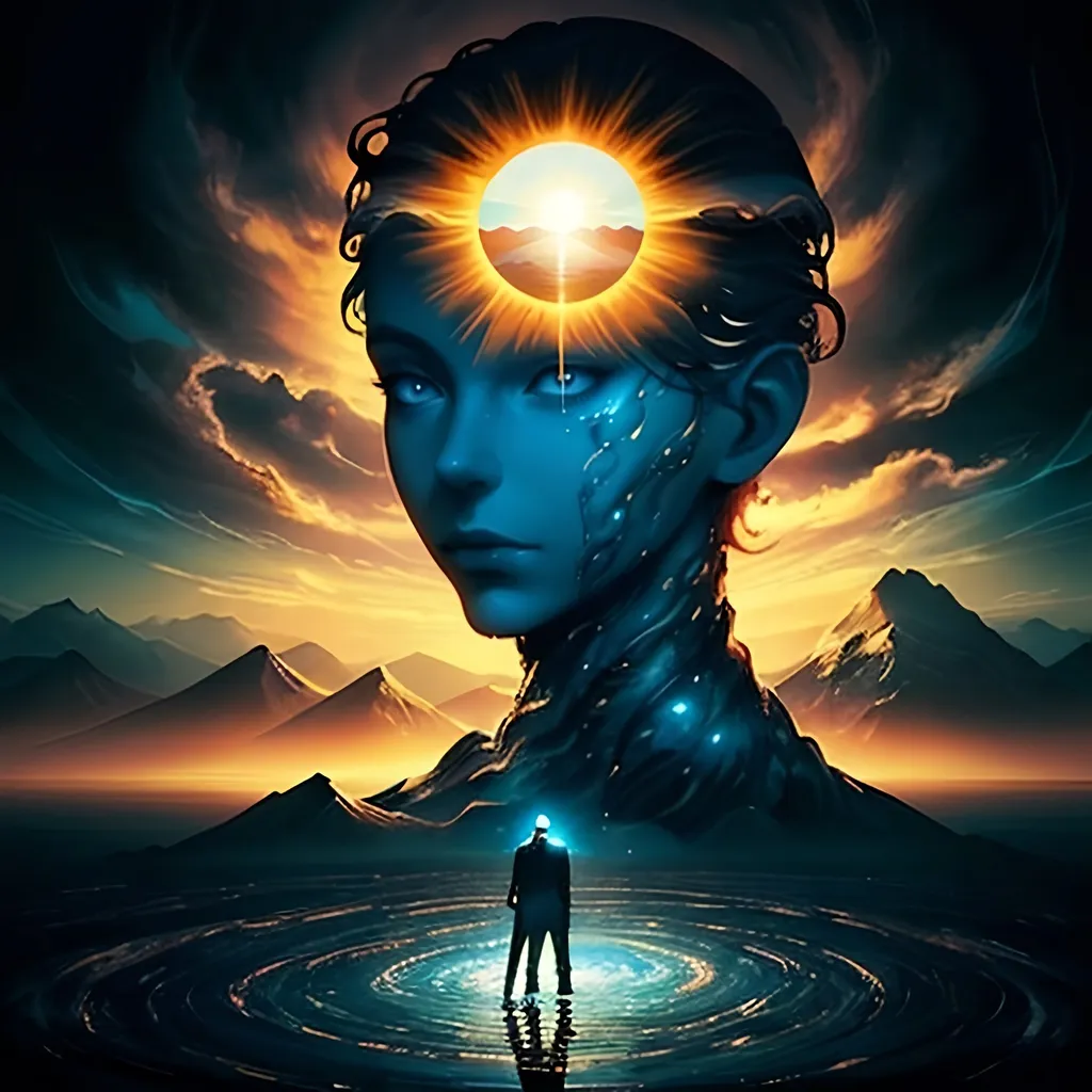 Prompt: 3D double exposure, double masking, a man standing in front of a mountain range with a sun in the background and a sky with clouds, Anato Finnstark, fantasy art, dark fantasy art, concept art beautiful  woman, surrounded by a dynamic swirl of water against a background of sea and sky, highly detailed face, with the neck and part of the shoulders visible. A swirl of water surrounds the person's head, creating a visually stunning effect.