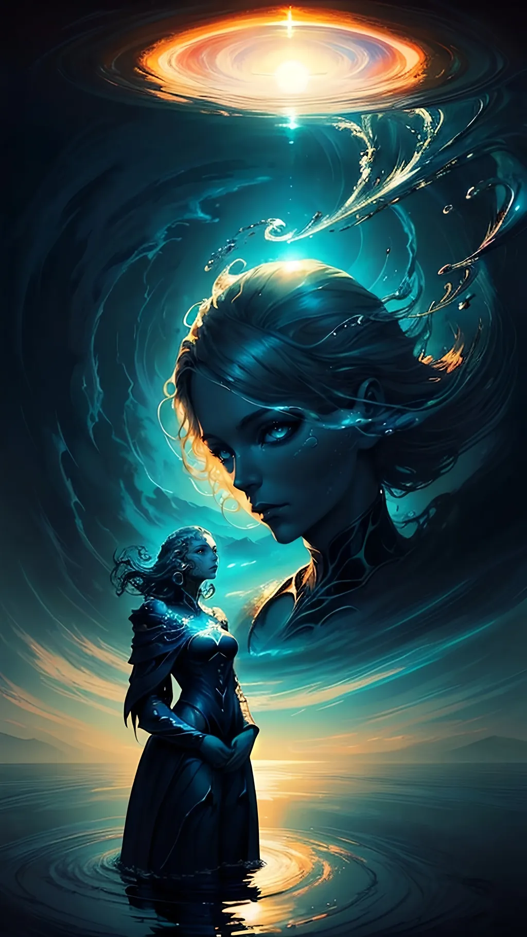 Prompt: 3D double exposure, double masking, concept art beautiful  woman, surrounded by a dynamic swirl of water against a background of sea and sky, highly detailed face, with the neck and part of the shoulders visible. A swirl of water surrounds the person's head, creating a visually stunning effect. man standing in front of a mountain range with a sun in the background and a sky with clouds, Anato Finnstark, fantasy art, dark fantasy art,