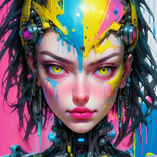 Prompt: Highly detailed digital painting of a woman's face, with vibrant pink and yellow background, blue and white hues, Android Jones inspired, psychedelic art, cyberpunk style, paint drip effect, professional, detailed facial features, intense and colorful, abstract, futuristic, cyberpunk, vibrant colors, digital painting, detailed eyes, intricate details, psychedelic, colorful background, paint drip effect, professional, cyberpunk lighting