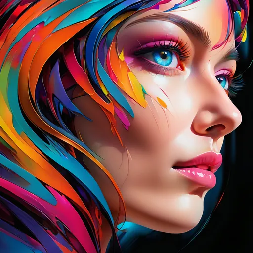 Prompt: Vibrant abstract art portrait of a woman's face, colorful, side profile, intense gaze to the left, high dynamic range, 8k resolution, abstract, vibrant colors, detailed features, modern art, intense expression, professional lighting