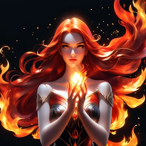 Prompt: 3D HD 8K a woman with long hair holding a fire ball in her hands she is backlit with fire, and a black background with a red and yellow flame,, fantasy art, anime art, a detailed painting