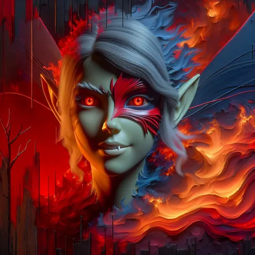 Prompt: 3D HD 4k A mystical fairy with red eyes, with a mask she is holding to her face. Horizontally (((Her face is 1/2 mask and 1/2 face,))) she has a slight smile and  you can see her fangs, collage fire red highlights, magical fire backdrop, bold brushstroke, smooth texture,