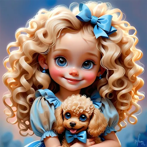 Prompt: a painting of a cute little girl with big round watery blue eyes, very long Curley messy blonde hair, she is smiling, has light rosey cheeks, she is wearing a cute girly dress. girl holding a brown/red miniature poodle, both have a blue bow in their hair, with a dreamy background 