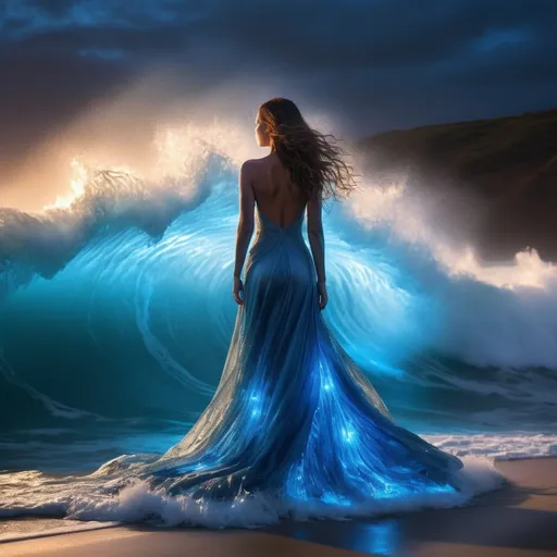 Prompt: Depicting a mesmerizing scene, a woman with vibrant blue lights emitting from her back exudes a powerful aura of energy. She stands before an immense wave, gracefully embodying its force. This captivating image, reminiscent of a digitally manipulated photograph, showcases the woman's intense presence, with the radiant blue lights illuminating her surroundings. The impeccable resolution and expert composition highlight the meticulous attention to detail, further enhancing the viewer's engagement with this enchanting depiction.