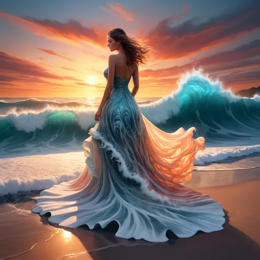 Prompt: 3D HD 8K DOUBLE exposure a woman standing on a beach next to the ocean with a magnificent sunset with a wave crashing in front of her, she has on a magnificent long dress that flows into the sea foam, bottom of dress is very full and irredecent it is made of swirling sea foam Cyril Rolando, fantasy art, highly detailed digital painting, an airbrush painting