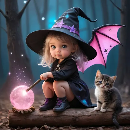 Prompt: whimsical realistic image of a little girl witch in training. She is 3 years old. wearing a cute witches outfit, she is trying to turn her kitten into a baby dragon, but she ends up with is a hybrid of a scruffy kitten and a baby dragon. It is sitting on a log. Her wand has a star on the end with glowing pink and blue sparkles coming out. fantasy background.  Write “Good Night”