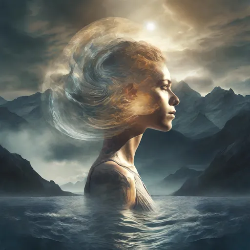 Prompt: 3D double exposure, double masking, a man standing in front of a mountain range with a sun in the background and a sky with clouds, Anato Finnstark, fantasy art, dark fantasy art, concept art beautiful  woman, surrounded by a dynamic swirl of water against a background of sea and sky, highly detailed face, with the neck and part of the shoulders visible. A swirl of water surrounds the person's head, creating a visually stunning effect.