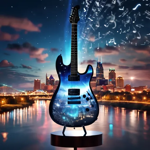 Prompt: 3D (((Triple exposure))), create an image of a huge huge glass guitar superimpose beautiful  skyline of Nashville tm  at night.  (((background  music notes flowing across the night sky ))), hyper- realistic, vibrant, bold
8k HD