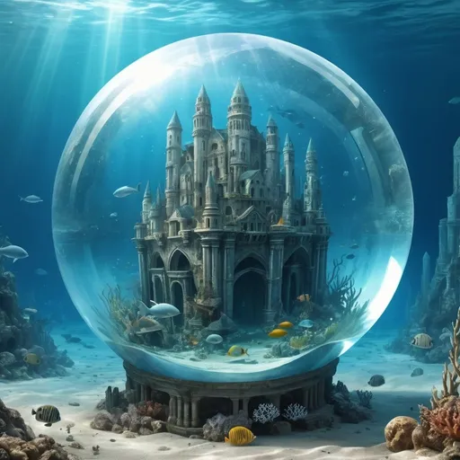 Prompt:   underwater city in a huge, huge crystal clear orb, ruins, sea life, high detail, high quality