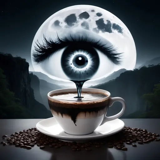 Prompt: Double exposure shot of an ultra detailed waterfall, flowing in a cup of coffee , fullmoon, night atmoshere, 3D effect a man's silhouette trapped within a giant eye, evoking a creepy and surreal mood. Embrace creative freedom in portraying the surrealistic elements and the unsettling atmosphere.