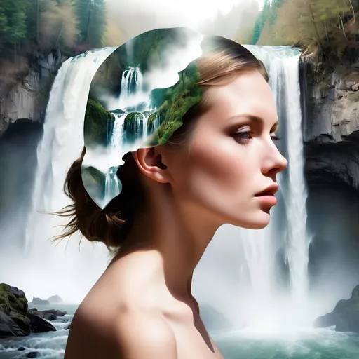 Prompt: Explore the beauty of nature and the human form with a double exposure image of a woman's head, seamlessly blending into a breathtaking waterfall landscape.  #3  holographic projection of a sunset created entirely by Leonardo.ai, spatial light modulator, geometric phase lens, nano-scale interference pattern of laser light, intricately detailed holographic image, 3D hologram, vivid colours, photoillustration, massive scale, deep perspective