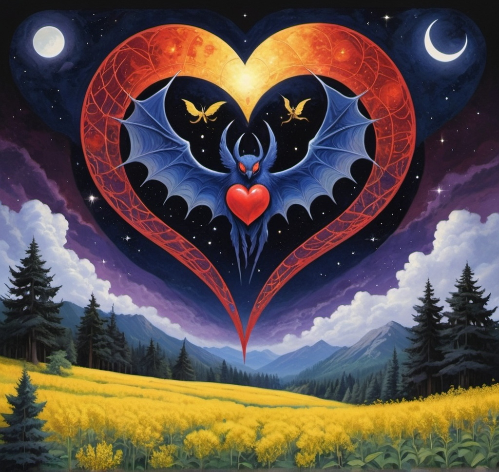 Prompt: An treaded moon-sized midnight Blue and pheonix Red heart with goldenrod and onyx highlights, skyblue with clouds at daytime,dove spider, Phoenix bat,purple two sword nebula, red blue green yellow white black taichi, hexagrams, death star 2 glowing red pasture, Pacific northwest, giant trees