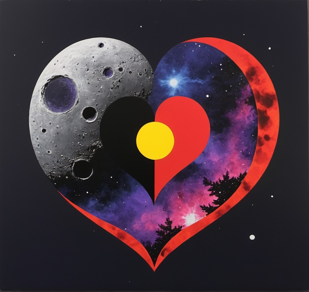 Prompt: An moon-sized Navy Blue and fire-engine Red heart with yellow highlights, space, black hole heavy, purple nebula ying-yang, death star 2, Pacific northwest