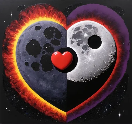 Prompt: An moon-sized Navy Blue and fire-engine Red heart with yellow highlights, space, black hole heavy, purple nebula ying-yang, death star 2, Pacific northwest