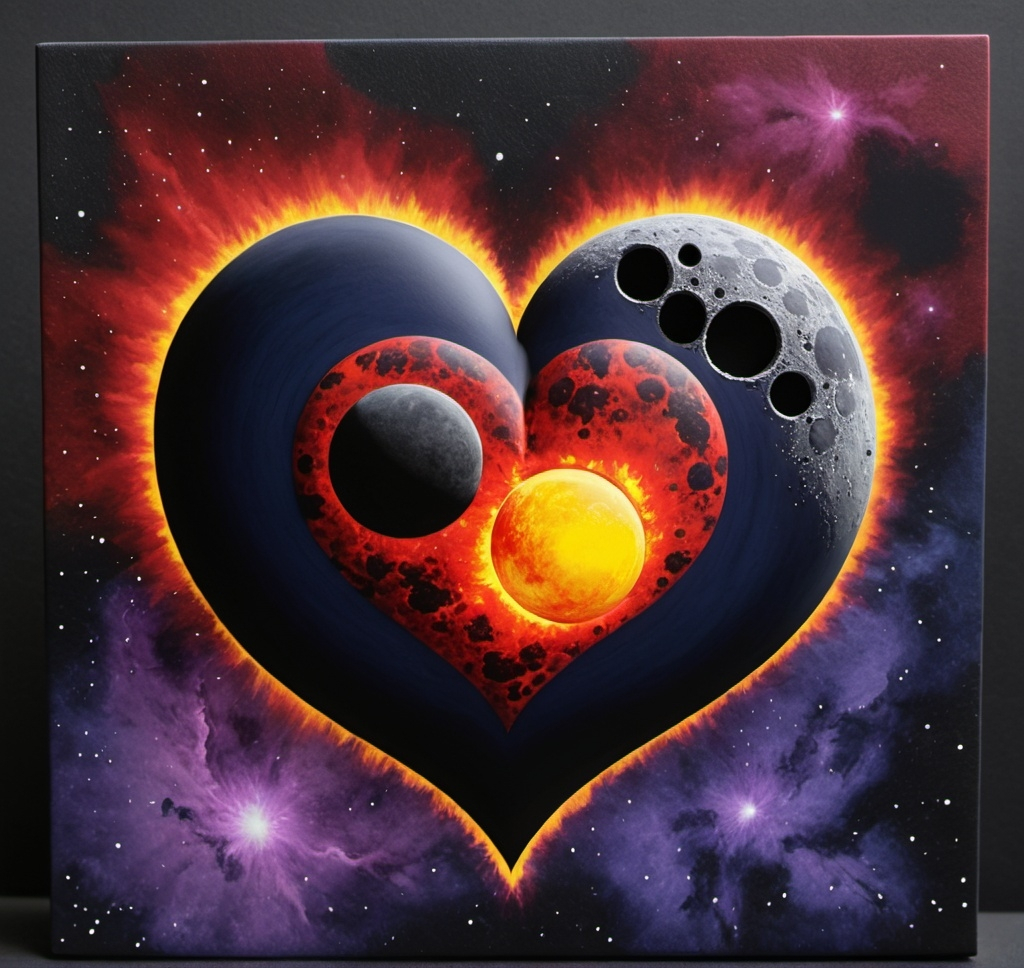 Prompt: An moon-sized Navy Blue and fire-engine Red heart with yellow highlights, space, black hole heavy, purple nebula ying-yang, death star 2, Pacific northwest