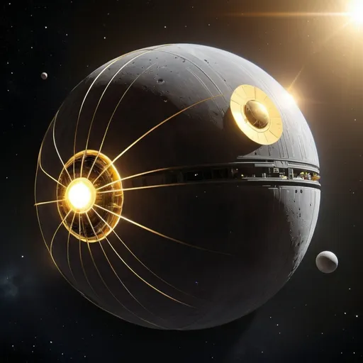 Prompt: An moon-sized metal golden orb in space, very star heavy, nebula, droid, death star II