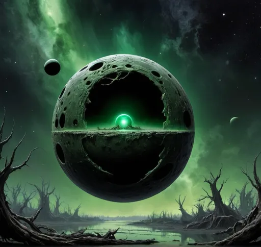 Prompt: An moon-sized metal swamp green orb in space, very black hole heavy, nebula, swamp thing, death star 2, the maw