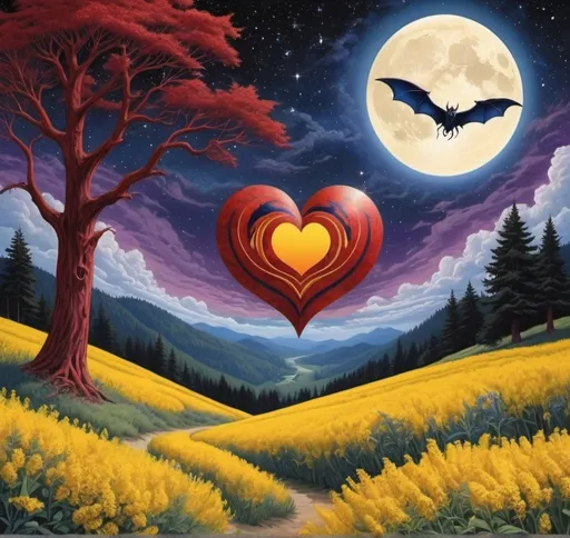 Prompt: An treaded moon-sized midnight Blue and pheonix Red heart with goldenrod and onyx highlights, skyblue with clouds at daytime,dove spider, Phoenix bat,purple two sword nebula, red blue green yellow white black taichi, hexagrams, death star 2 glowing red pasture, Pacific northwest, giant trees