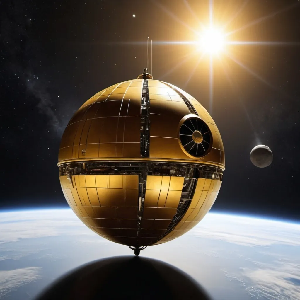 Prompt: An moon-sized metal golden orb in space, very star heavy, nebula, droid, death star II