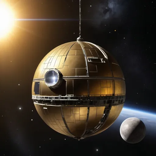 Prompt: An moon-sized metal golden orb in space, very star heavy, nebula, droid, death star II