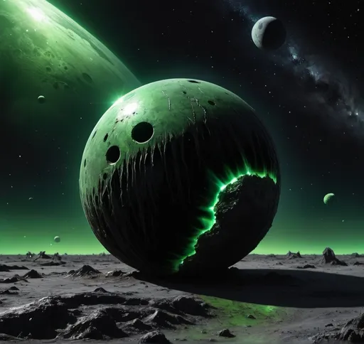 Prompt: An moon-sized metal swamp green orb in space, very black hole heavy, nebula, swamp thing, death star 2, the maw