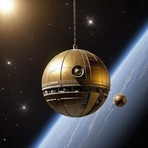 Prompt: An moon-sized metal golden orb in space, very star heavy, nebula, droid, death star II