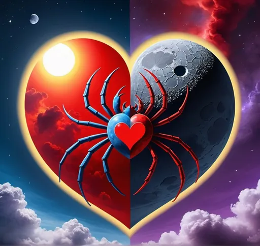 Prompt: An flying moon-sized Navy Blue and fire-engine Red heart with yellow highlights, skyblue with clouds at daytime,spider, purple nebula, red blue ying-yang, death star 2, Pacific northwest