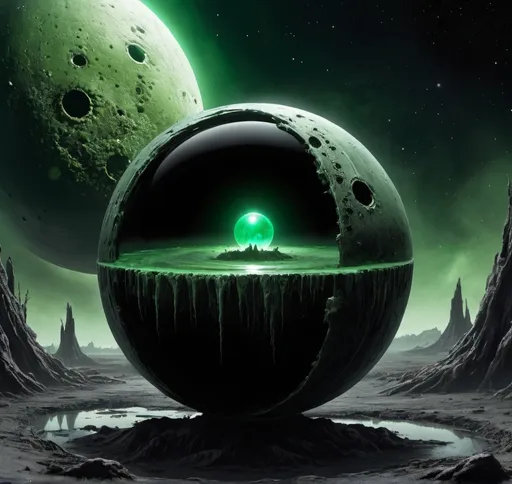 Prompt: An moon-sized metal swamp green orb in space, very black hole heavy, nebula, swamp thing, death star 2, the maw