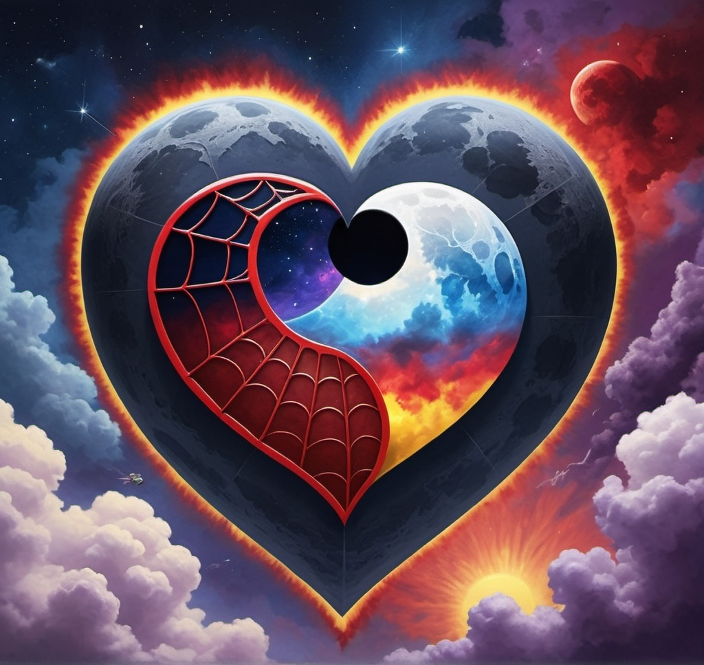 Prompt: An flying moon-sized Navy Blue and fire-engine Red heart with yellow highlights, skyblue with clouds at daytime,spider, purple nebula, red blue ying-yang, death star 2, Pacific northwest