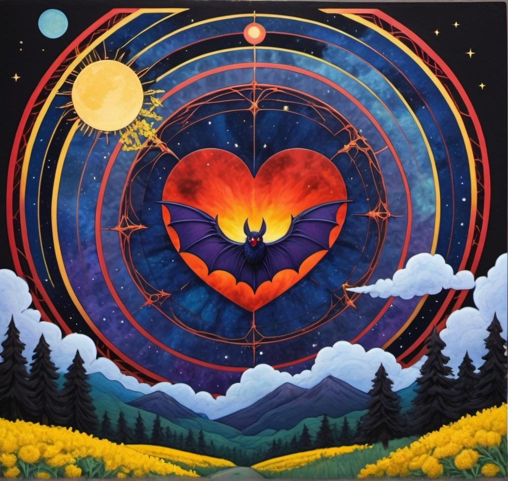 Prompt: An treaded moon-sized midnight Blue and pheonix Red heart with goldenrod and onyx highlights, skyblue with clouds at daytime,dove spider, Phoenix bat,purple two sword nebula, red blue green yellow white black taichi, hexagrams, death star 2 glowing red pasture, Pacific northwest, giant trees