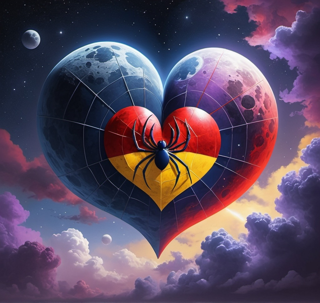 Prompt: An flying moon-sized Navy Blue and fire-engine Red heart with yellow highlights, skyblue with clouds at daytime,spider, purple nebula, red blue ying-yang, death star 2, Pacific northwest