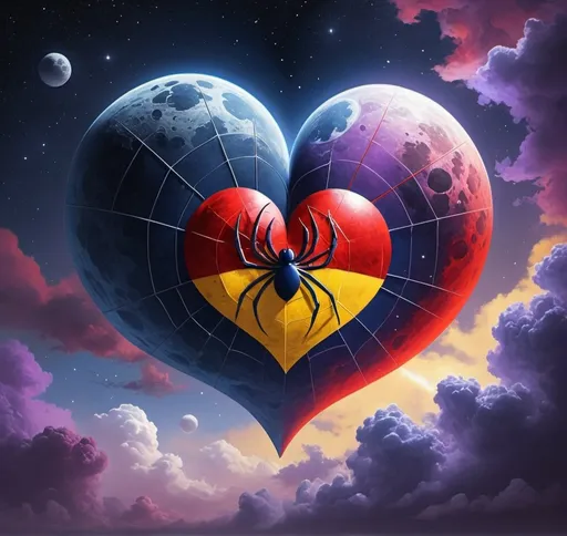 Prompt: An flying moon-sized Navy Blue and fire-engine Red heart with yellow highlights, skyblue with clouds at daytime,spider, purple nebula, red blue ying-yang, death star 2, Pacific northwest