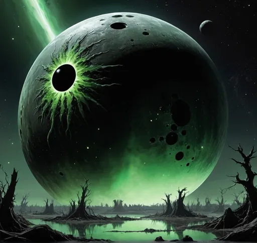 Prompt: An moon-sized metal swamp green orb in space, very black hole heavy, nebula, swamp thing, death star 2, the maw