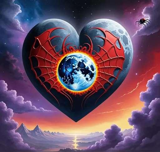 Prompt: An flying moon-sized Navy Blue and fire-engine Red heart with yellow highlights, skyblue with clouds at daytime,spider, purple nebula, red blue ying-yang, death star 2, Pacific northwest