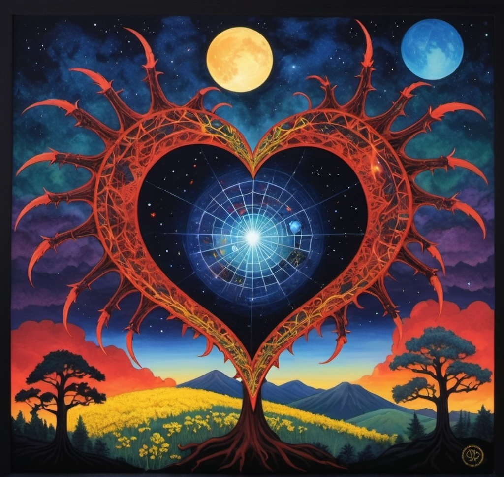 Prompt: An treaded moon-sized midnight Blue and pheonix Red heart with goldenrod and onyx highlights, skyblue with clouds at daytime,dove spider, Phoenix bat,purple two sword nebula, red blue green yellow white black taichi, hexagrams, death star 2 glowing red pasture, Pacific northwest, giant trees