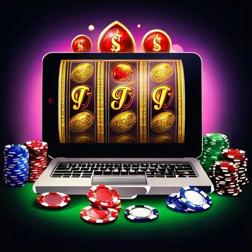 Prompt: Create an eye-catching online casino logo with a background rich in money and casino elements. Include gaming devices subtly in the backdrop, emphasizing an atmosphere of wealth and excitement. Ensure the design radiates sophistication and captures the allure of online gaming