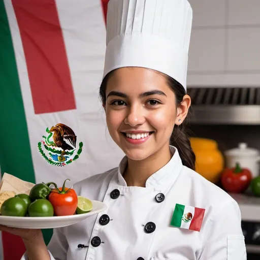 Prompt: Create a close up photograph of a young Mexican female chef with a big smile holding a meal kit matching the mexican flag. She is dressed in a white chef's coat adorned with green buttons.