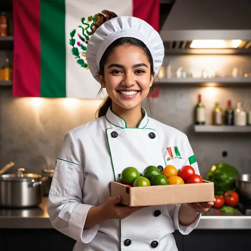 Prompt: Create a close up photograph of a young Mexican female chef with a big smile holding a meal kit matching the mexican flag. She is dressed in a white chef's coat adorned with green buttons., bokeh