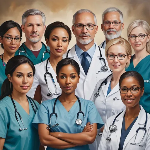 Prompt: Diverse group of healthcare professionals with stethoscopes and medical devices, realistic oil painting, detailed facial features, high quality, professional, realistic, warm tones, natural lighting, stethoscope, medical equipment, diverse characters, compassionate expressions, caring environment
