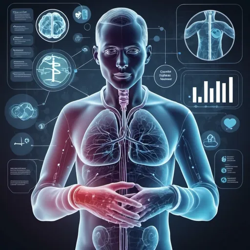 Prompt: create for me an image of health care IT with Data Science, predictive modelling of diseases, cyber secyrity , physician performance, clinical quality and better outcomes, AI in health care, big data analytics