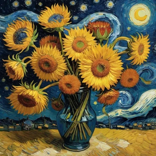 Prompt: Van Gogh starry night with flower bouquet 