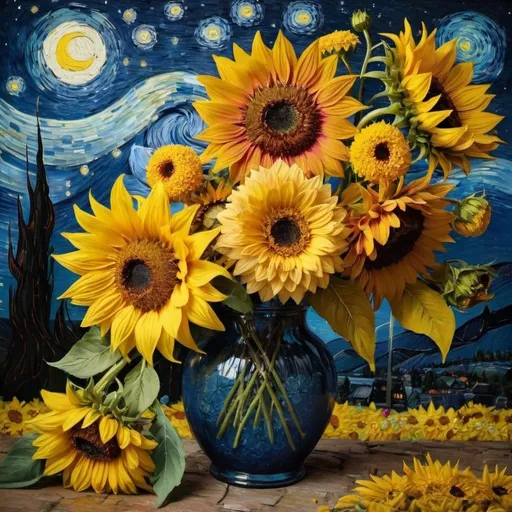 Prompt: Van Gogh starry night with sunflowers, dahlias, zinnias, baby breath