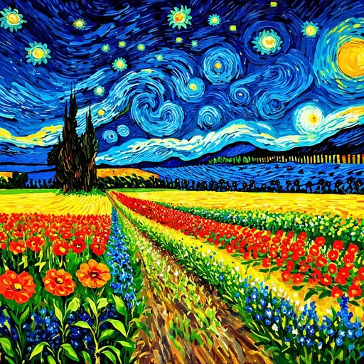 Prompt: Van Gogh starry night with flowers farm