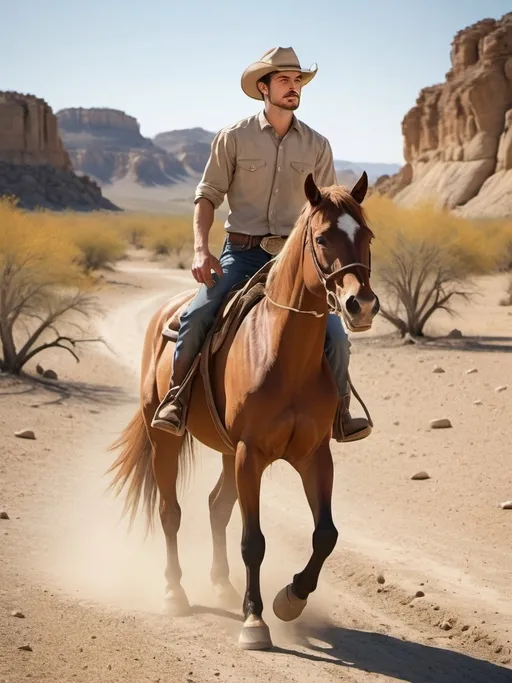 Prompt: Create an image of a young man riding a horse on a dry river bed. The river bed is cracked and parched, with deep fissures and scattered stones, illustrating the harshness of the environment. The young man, wearing a classic cowboy hat, a light-colored shirt with rolled-up sleeves, jeans, and sturdy boots, has a well-groomed beard and mustache. He exudes confidence and determination, with a focused expression. The horse, a robust and sleek chestnut with a flowing mane, moves gracefully through the barren terrain. In the background, there are sparse, leafless trees and rugged rocky outcrops under a vast, clear, azure sky. The sun shines brightly, casting long shadows and adding a golden hue to the scene. A few tumbleweeds roll by, enhancing the wild, adventurous atmosphere.