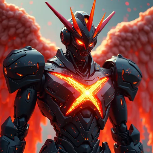 Prompt: An angelic robotic humanoid with a x of fire on its chest make it a bit like  a gundam but with the color red and black


