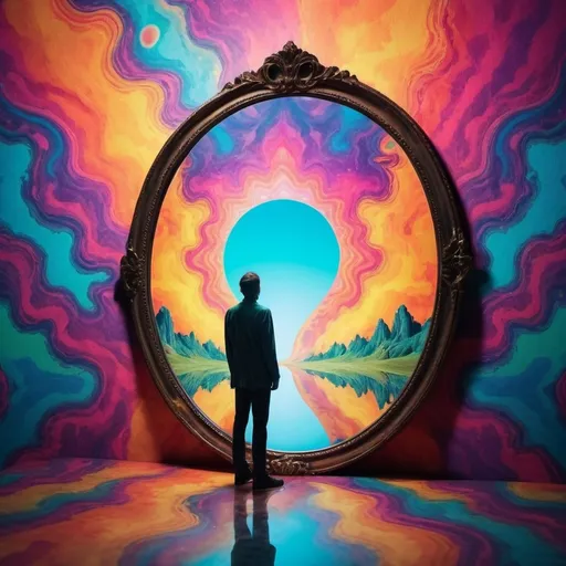 Prompt: Looking at a mirror that leads to a different world colorful psychedelic background 